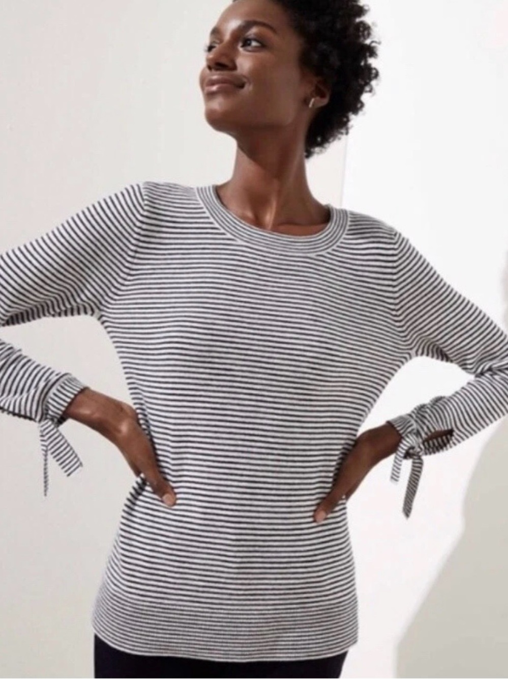 LOFT Black & White Striped Long-Sleeve Tie-Cuff Top